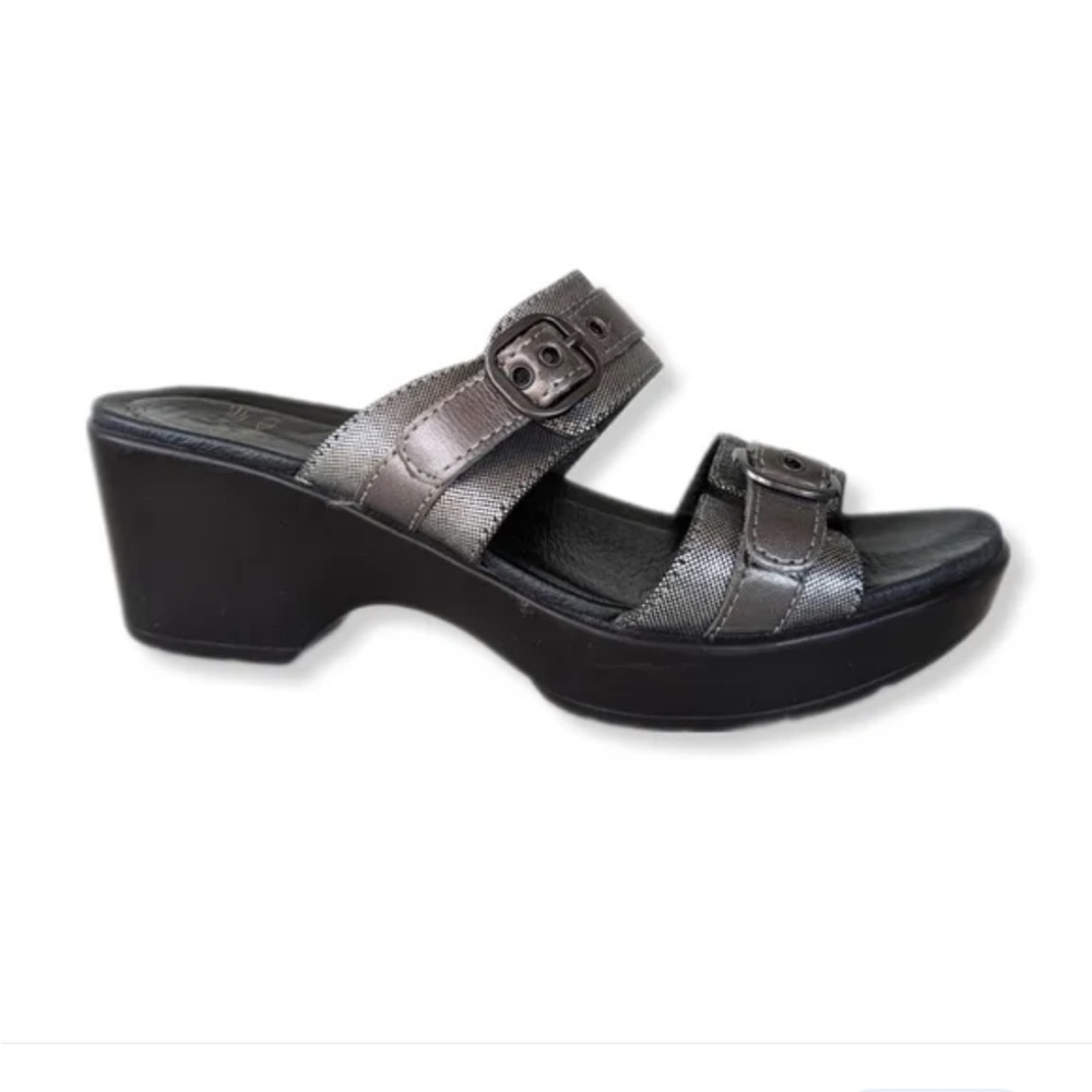 Dansko Jessie Black & Silver Leather Double Strap Slide Sandals Size 39